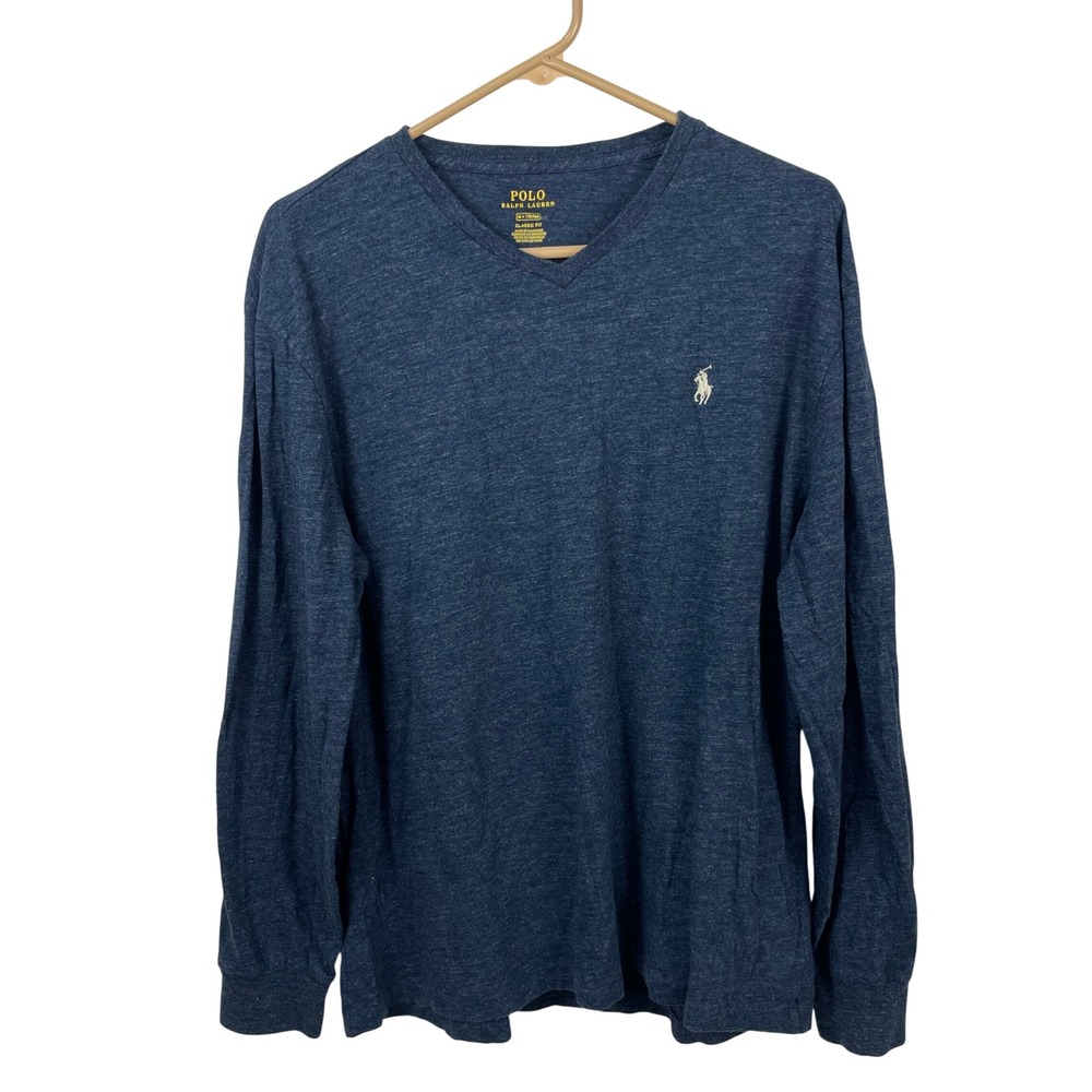 Polo Ralph Lauren Mens‎ Classic Fit V-Neck Long Sleeve T-Shirt Navy Blue Size M
